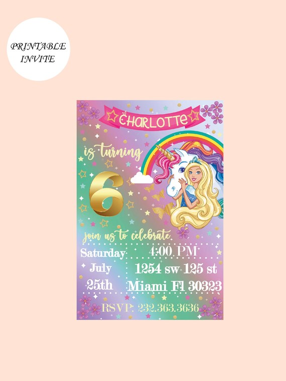 barbie unicorn invitation