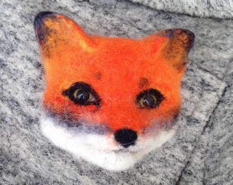 Red fox head needle felted brooch