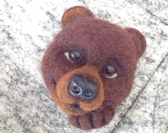 Cute Brown Bear Head Needle Felted Brooch - Handmade with Love