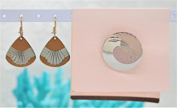 Laurel Burch Fan Earrings and Mynah Bird Pin Set … - image 1