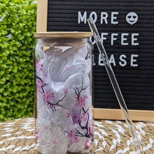 Sakura Tree Branch 16oz glass can with bamboo lid and straw