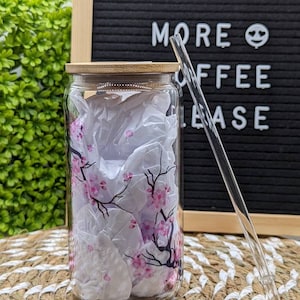 Sakura Tree Branch 16oz glass can with bamboo lid and straw