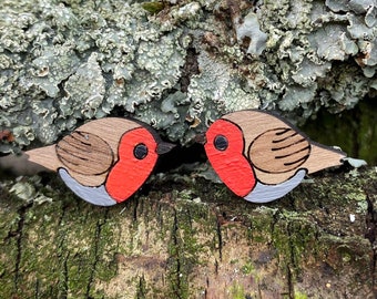 Hand painted English Robin bird cufflink, walnut, fun, party, handmade festive gift