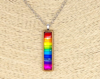 Upcycled rainbow soda can pendant set in bamboo, hand-painted vibrant colours, one-of-a-kind handmade recycled gift