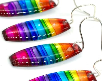 Upcycled rainbow soda can dangle earrings, hand-painted, barrel shaped, one-of-a-kind recycled gift, handmade custom silver plated earwire