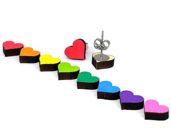 Vibrant hand painted wooden heart stud earrings, sustainable bamboo, choice of 8 colours and 2 sizes, cute handmade item, clip on option