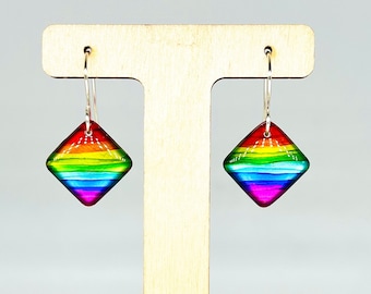 Upcycled rainbow soda can dangle earrings, hand-painted vibrant colours, one-of-a-kind recycled gift, handmade custom silver plated earwire