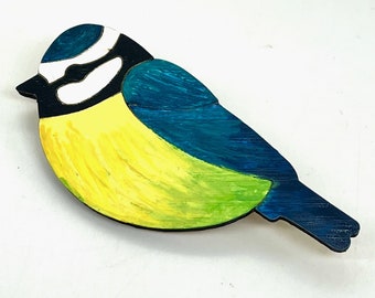 Cute hand painted Blue Tit brooch / badge, sustainable bamboo, quirky fun, hand painted, handmade gift, lightweight