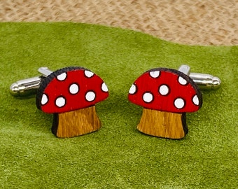 Cute hand painted toadstool cufflinks, oak wood, quirky, fun, handmade gift, wooden