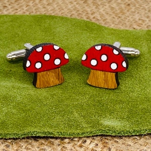 Cute hand painted toadstool cufflinks, oak wood, quirky, fun, handmade gift, wooden