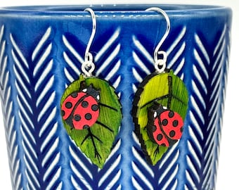 Cute hand painted ladybird / ladybug and leaf earrings, sustainable bamboo, quirky, fun, handmade gift, wooden, very lightweight