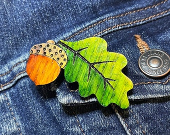 Cute hand painted oak leaf and acorn brooch / badge, oak wood, quirky, fun, handmade gift, wooden, very lightweight