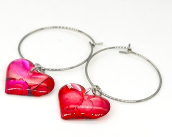 Upcycled soda can heart hoop earrings, hand-painted pink and red, very lightweight, one of a kind gift, perfect handmade valentine gift