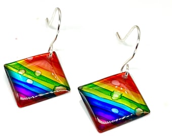 Upcycled rainbow soda can dangle earrings, hand-painted vibrant colours, one-of-a-kind recycled gift, handmade custom silver plated earwire