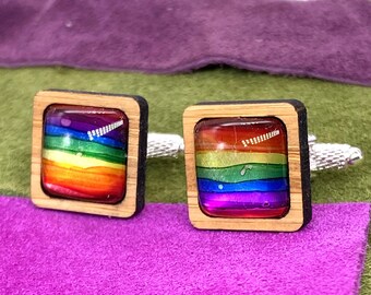 Upcycled hand painted square rainbow soda can cufflinks with sustainable bamboo surround, hand made, unique one-of-a-kind gift, boxed