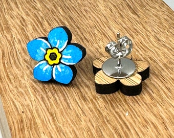 Cute hand painted blue Forget Me Not stud earrings, sustainable bamboo wood, quirky, fun, handmade gift, wooden