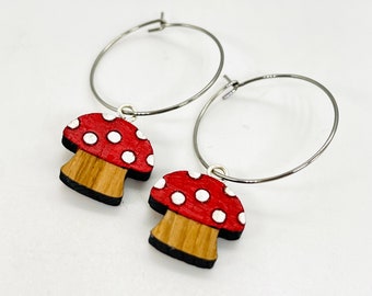 Cute hand painted toadstool hoop earrings, oak wood, quirky, fun, handmade gift, wooden, very lightweight