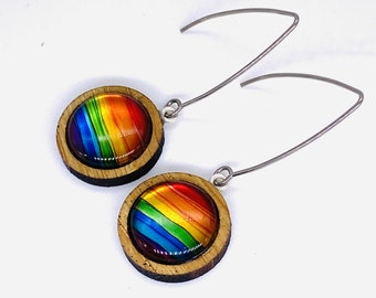 Upcycled rainbow soda can dangle earrings with bamboo setting, hand-painted, one of a kind handmade gift, lightweight statement drop earring