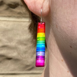 Upcycled rainbow soda can dangle earrings, hand-painted, lightweight, unique recycled gift, handmade custom silver plated earwire image 2