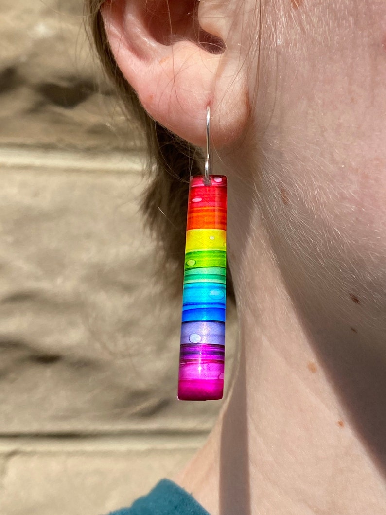 Upcycled rainbow soda can dangle earrings, hand-painted, lightweight, unique recycled gift, handmade custom silver plated earwire image 2