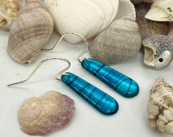 Upcycled aqua / teal soda can dangle earrings, elongated teardrop, hand-painted vibrant colours, one-of-a-kind, custom silver plated earwire