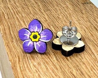 Cute hand painted purple Forget Me Not stud earrings, sustainable bamboo wood, quirky, fun, handmade gift, wooden