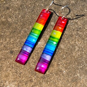 Upcycled rainbow soda can dangle earrings, hand-painted, lightweight, unique recycled gift, handmade custom silver plated earwire image 3