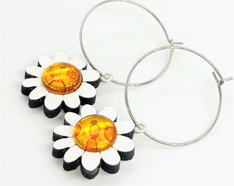 Cute hand painted daisy hoop earrings, with upcycled soda can 'jewel',  quirky, fun, handmade, wooden, sustainable bamboo, eco-friendly gift