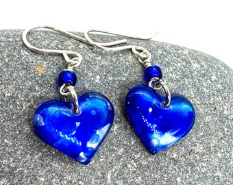 Upcycled soda can heart drop earrings, hand-painted blue, very lightweight, one of a kind gift, perfect handmade valentine gift