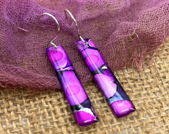 Upcycled beer can dangle earrings, hand-painted, abstract pink and purple, unique recycled gift, handmade custom silver plated earwire