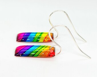 Upcycled rainbow soda can dangle earrings, hand-painted vibrant colours, one-of-a-kind recycled gift, handmade custom silver plated earwire
