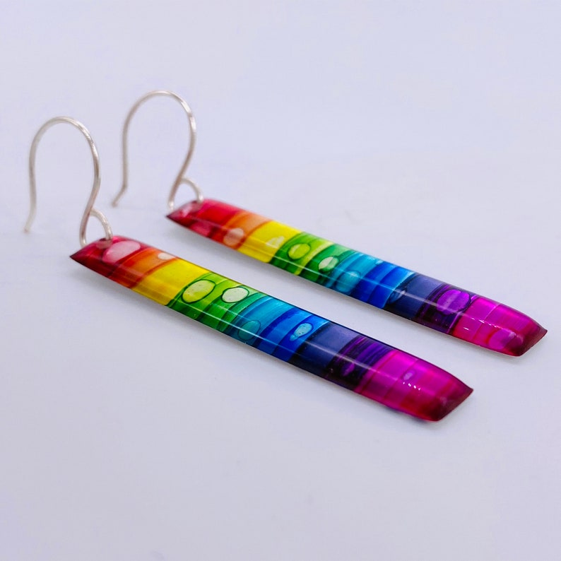 Upcycled rainbow soda can dangle earrings, hand-painted, lightweight, unique recycled gift, handmade custom silver plated earwire image 4