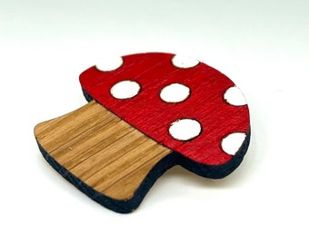 Cute hand painted toadstool badge / brooch, oak wood, quirky, fun, handmade gift, wooden