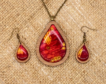 Handpainted autumnal colour teardrop statement pendant and earring set, with walnut setting, gold mica shift, unique one-of-a-kind gift