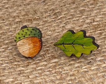 Cute hand painted oak leaf and acorn stud earrings, oak wood, quirky, fun, handmade gift, wooden
