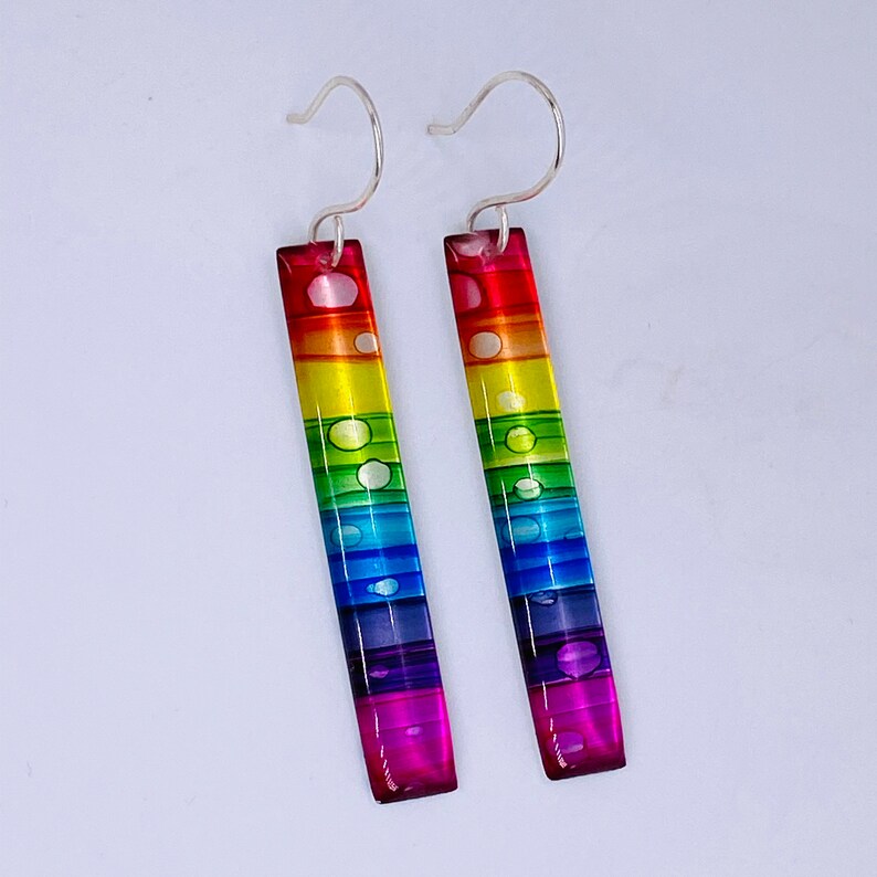 Upcycled rainbow soda can dangle earrings, hand-painted, lightweight, unique recycled gift, handmade custom silver plated earwire image 5