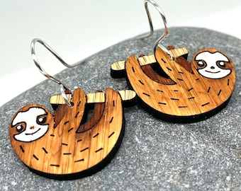 Cute hand painted sloth earrings, bamboo wood, quirky, fun, handmade gift, wooden, very lightweight