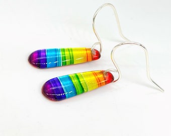 Upcycled rainbow soda can dangle earrings, elongated teardrop, hand-painted vibrant colours, one-of-a-kind, handmade silver plated earwire