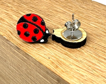 Cute hand painted ladybird / ladybug stud earrings, sustainable bamboo, quirky fun earrings, lightweight, unique hand made item, gift