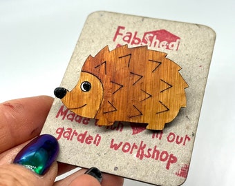 Cute hand painted hedgehog badge / brooch, bamboo, quirky, fun, handmade gift, wooden