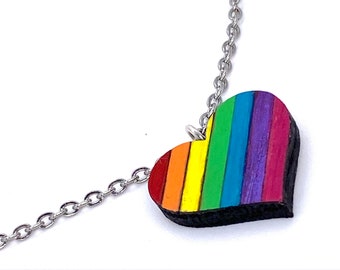Hand painted wooden heart rainbow pendant, Oak