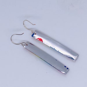 Upcycled rainbow soda can dangle earrings, hand-painted, lightweight, unique recycled gift, handmade custom silver plated earwire image 6