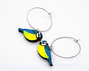 Cute hand painted Blue Tit hoop wooden earrings, sustainable bamboo, quirky fun handmade gift, lightweight