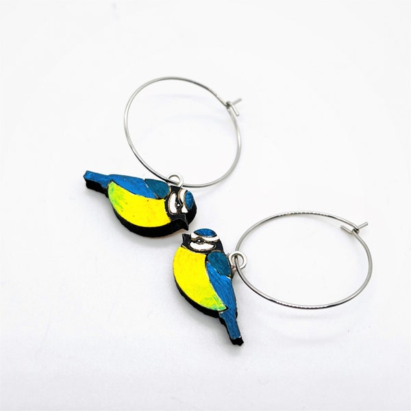 Cute hand painted Blue Tit hoop wooden earrings, sustainable bamboo, quirky fun handmade gift, lightweight