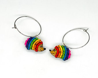 Cute hand painted rainbow hedgehog hoop earrings, oak, quirky fun earrings, lightweight, unique hand made item