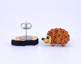 Cute hand painted hedgehog stud earrings, oak, quirky fun earrings, lightweight, unique hand made item, clip on option