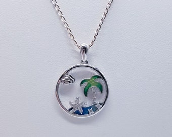 Tropical Sterling Silver Enamel Cubic Zirconia Palm Tree Beach Necklace, Pendant, Charm