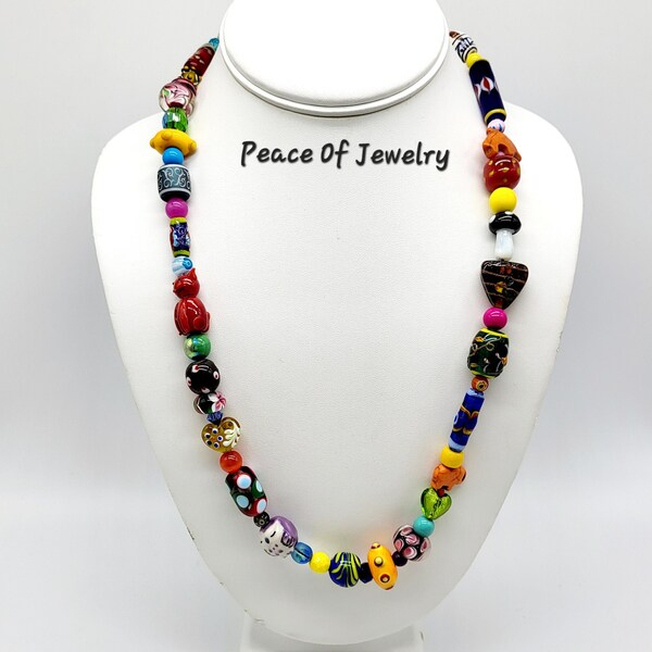 Fun,Colorful,Rainbow Beaded Necklace,Lampwork Necklace,Handmade Necklace,Bohemian Necklace,Unisex Necklace,Gemstone Necklace,Owl,Mushroom