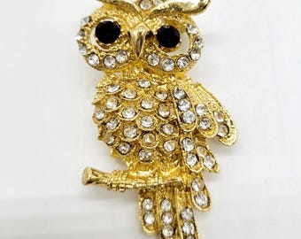 Vintage  Gold Tone Owl Brooch with Rhinestones, Animal Pin