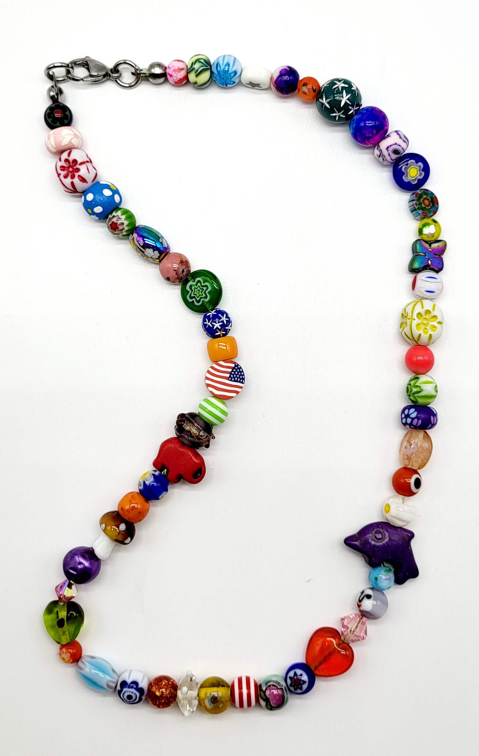 Rainbow Beaded Multi-colored Mixed Media Necklace, Bohemian